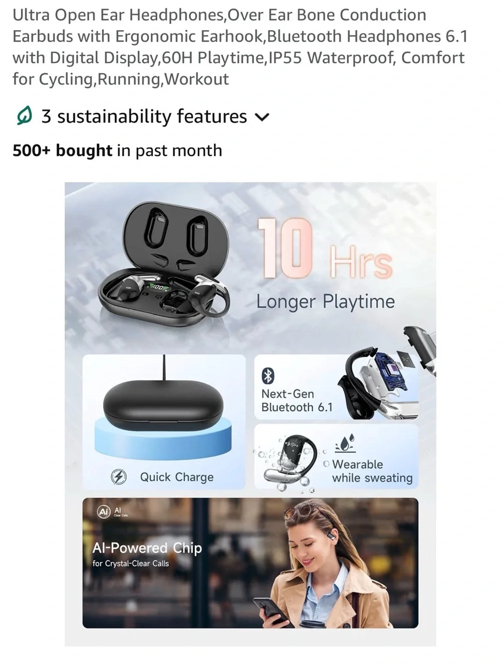 Bluetooth Bone Conduction Open-Ear Headphones - Black/Silver